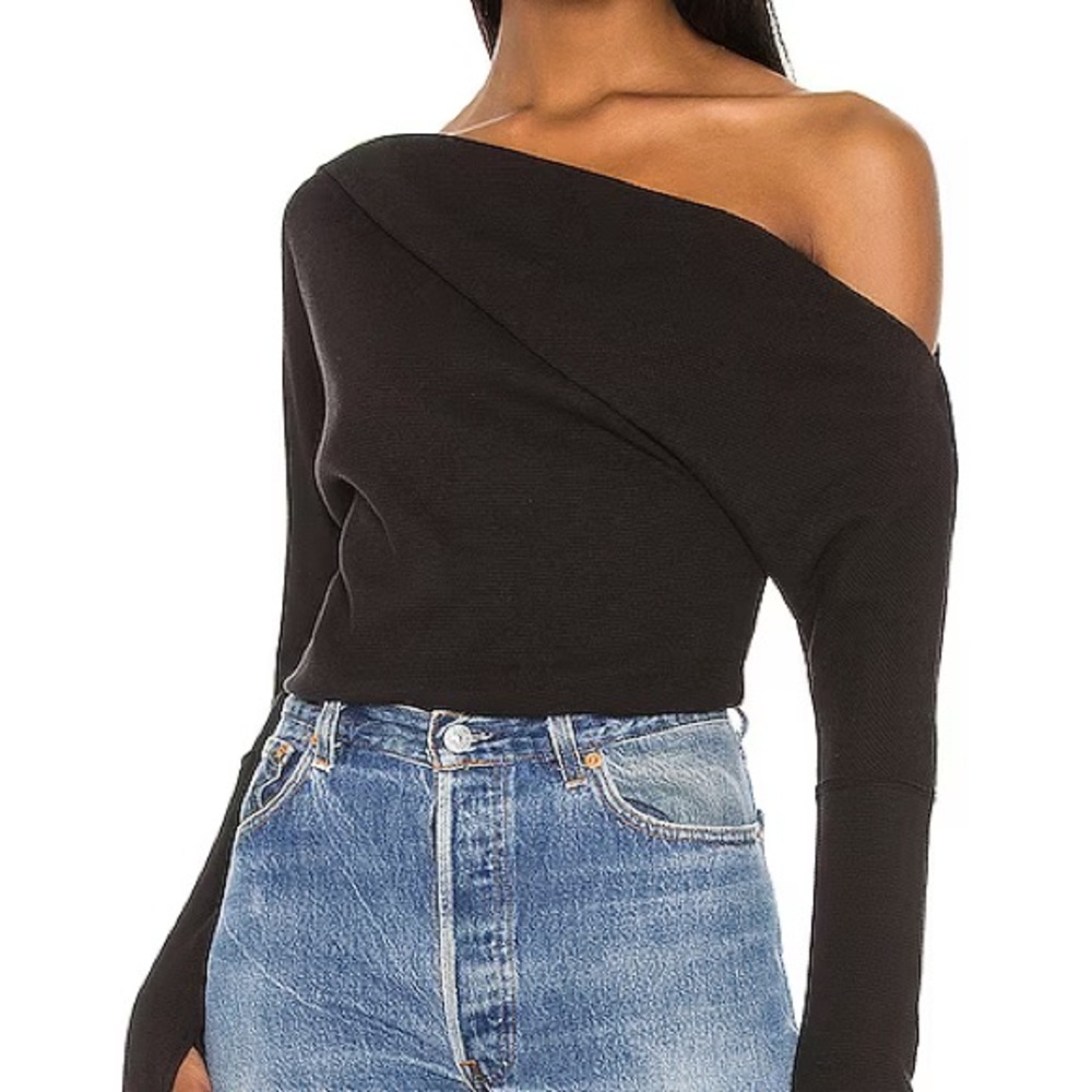 Free People Fuji Thermal Long Sleeve Top Off the Shoulder Medium M Black